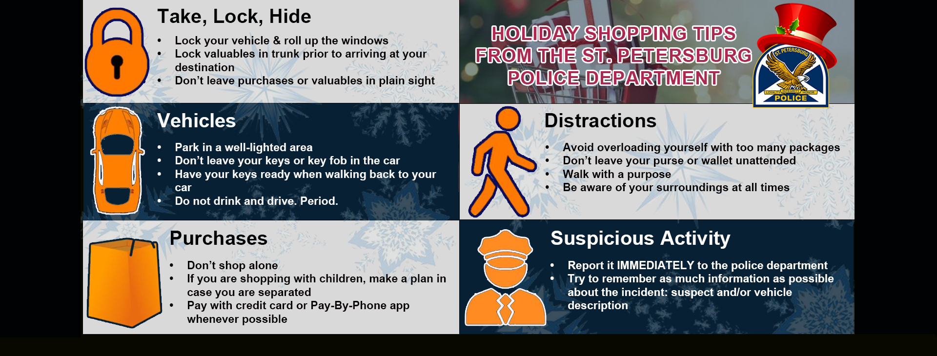 Lock your vehicle & roll up the windows,	Lock valuables in trunk prior to arriving at your next destination Don't leave purchases or valuables in plain sight, Park in a well-lighted area,	Don't leave your keys or key fob in the car, Have your keys ready when walking back to your	car, Do not drink and drive, Don't shop alone, If you are shopping with children, make a plan in	case you are separated,	Pay with credit card or Pay-By-Phone app 	whenever possible, Avoid overloading yourself with too many packages,	Don't leave your purse or wallet unattended, Walk with a purpose, Be aware of your surroundings at all times, Report it IMMEDIATELY to the police department, Try to remember as much information as possible	about the incident: suspect and/or vehicle 	description